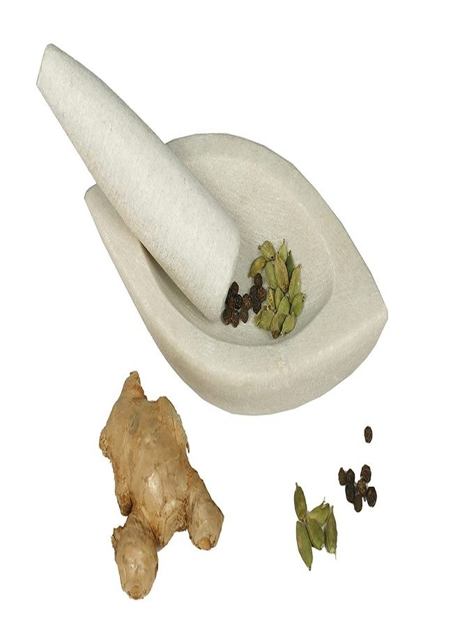 STLYZ White Marble Imam Dasta, Boat Mortar and Pestle Set, Ohkli Musal, Kharal Or Khalbatta or Mixer and Grinder Set for Kitchen (Boat Mortar 7 Inch) - Image 1